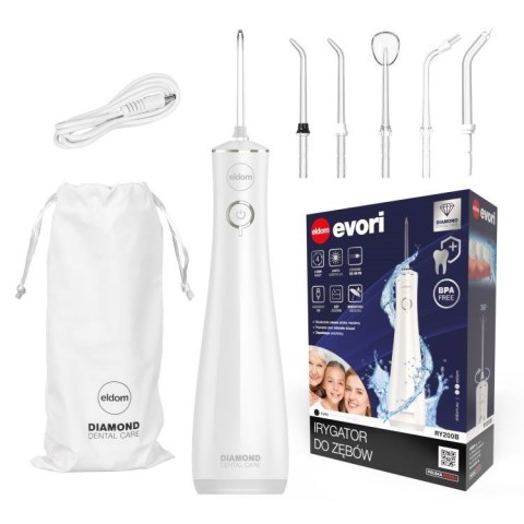 ELDOM IRYGATOR RY200B 230 ML AKUMULATOROWY,BIAŁY, CZAS PRACY 60 MIN. CZAS ŁADOWANIA OK. 6 H, IPX7, ETUI PODRÓŻNE, PRZEWÓD USB