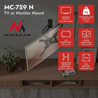 MACLEAN UCHWYT NA TELEWIZOR, MAX. 23-65", MAX. WAGA 30 KG, UNIWERSALNY, MAX. VESA 400X400 MC-759 N