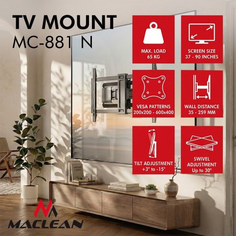 MACLEAN UCHWYT / WIESZAK DO TELEWIZORA, MAX. VESA 600X400, 37-90", MAX. OBCIĄŻENIE 65KG, CZARNY MC-881 N