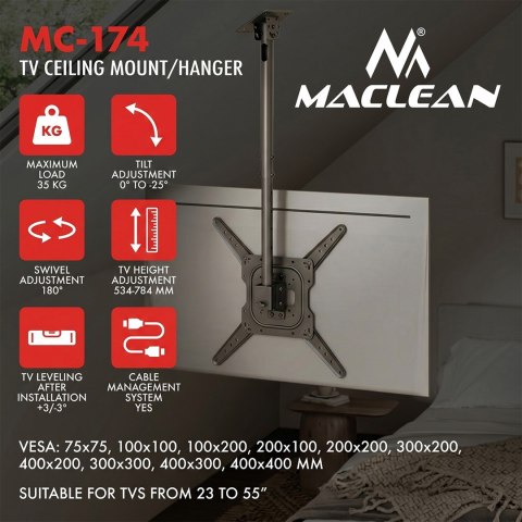 MACLEAN UCHWYT / WIESZAK SUFITOWY DLA TV, MAX. OBCIĄŻENIE 35KG, 23-55", MAX VESA 400X400 MC-174