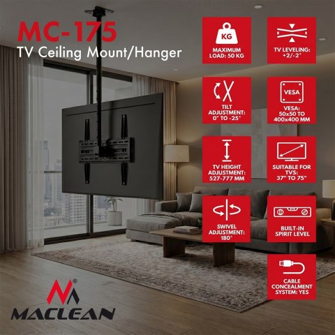 MACLEAN UCHWYT / WIESZAK SUFITOWY DLA TV, MAX. OBCIĄŻENIE 50KG, 37-75", MAX VESA 400X400 MC-175