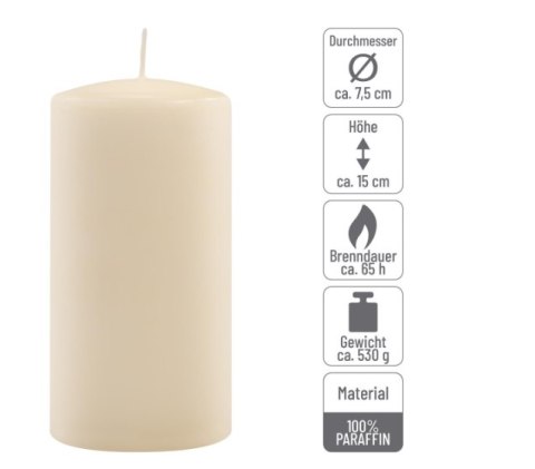 Świeca parafinowa, kremowa, 15 cm, czas 65 godz, 4 szt