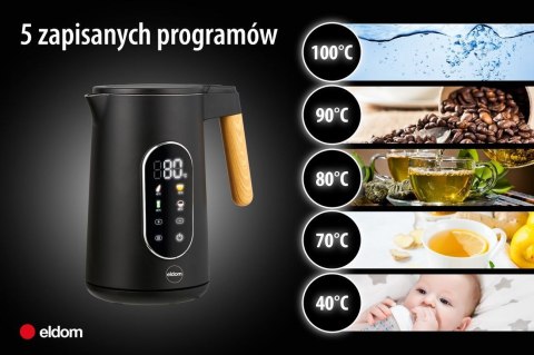 ELDOM CZAJNIK BEZPRZEWODOWY Z REGULACJĄ TEM. C550 CZARNY 5 ZAPISANYCH PROGRAMÓW: 40, 70, 80, 90, 100°C (TWORZYWO + STAL SZLAC