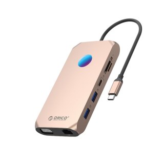 HUB 12w1 USB-C - USB-A USB-C HDMI VGA SD RJ45 mini jack PD 100W 4K 1000 Mbps RGB - różowo złoty