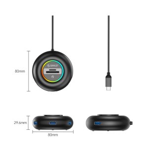 Hub adapter 4-portowy USB-C - USB-A SD microSD RGB 1.8 m - czarny