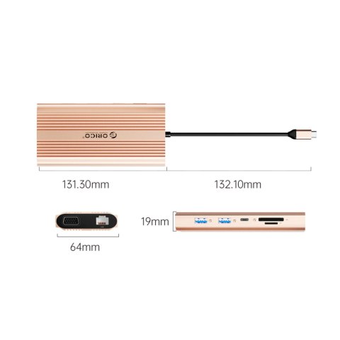 Stacja dokująca 12w1 USB-C - USB-A USB-C HDMI VGA RJ45 SD microSD PD 100W - różowo złota