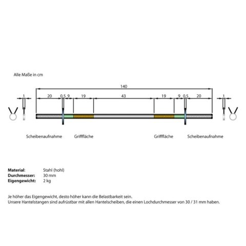 Sztanga do ćwiczeń 140 cm, chrom, z zaciskami, do 50 kg