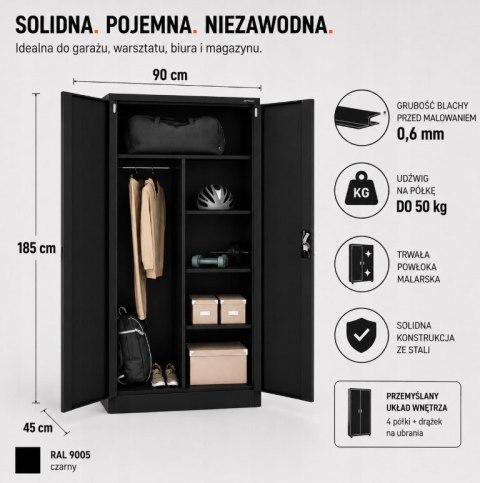 Iron Mate Szafa Gospodarcza Metalowa SATURN 185x90x45 Czarna RAL9005