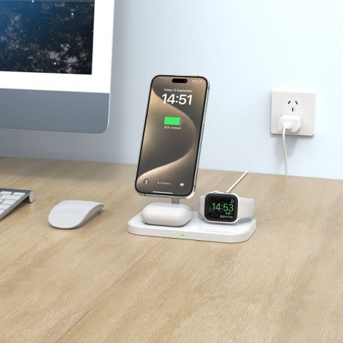 Ładowarka indukcyjna 3w1 ze stojakiem na smartfon Apple Watch AirPods MagSafe - biała