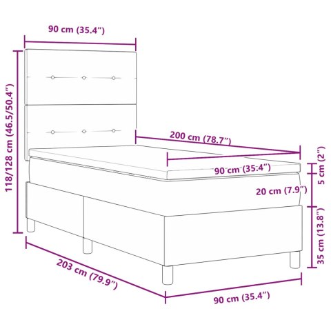 VidaXL Łóżko sprężynowe z paskami LED ciemno szary 90 x 200 cm tkanina