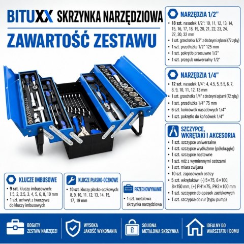 Skrzynka narzędziowa otwierana kolor niebieski 85 elementów Bituxx