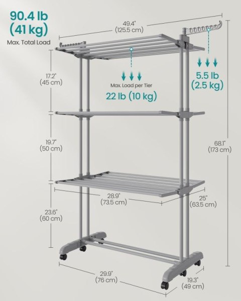 Duży suszarka do bielizny, 4 poziomy, 63,5 x 125,5 x 173 cm