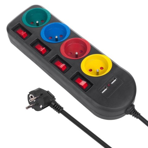 Listwa zasilająca Maclean MCE229 B, przedłużacz 4 gniazda + 2xUSB, z włącznikami, 250VAC/10A, 2.1A 5V, 1.5m, czarna