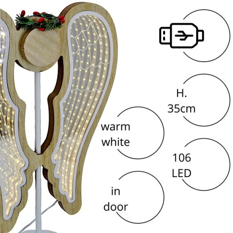 ANIOŁ DEKORACYJNY SKRZYDŁA DREWNIANY 106 LED INFINITY 37CM USB LUCA