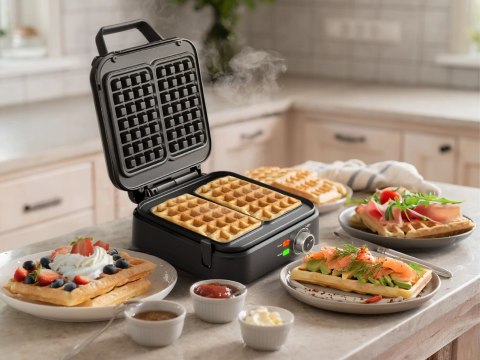ELDOM GOFROWNICA WA900 WAFLO 1200-2000W, PŁYNNA REGULACJA TEMPERATURY, BLOKADA POKRYWY, NIENAGRZWAJĄCY SIE UCHWYT