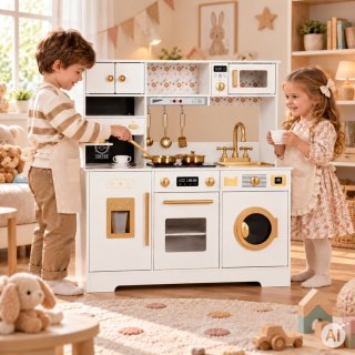 Drewniana duża kuchnia dla dzieci ekspres do kawy kostkarka do lodu akcesoria biała ECOTOYS