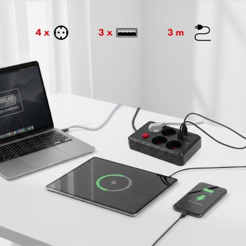 MACLEAN LISTWA ZASILAJĄCA, PRZEDŁUŻACZ 4 GNIAZDA + 3XUSB, 110-240V AC 50/60HZ, 2.1A MAX 2500W, 3M, CZARNA, MCE393 B