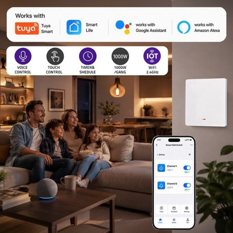 QOLTEC WŁĄCZNIK/WYŁĄCZNIK ŚWIATŁA | 1-KANAŁOWY | WI-FI | TIMER | TUYA | BIAŁY