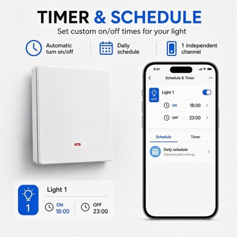 QOLTEC WŁĄCZNIK/WYŁĄCZNIK ŚWIATŁA | 1-KANAŁOWY | WI-FI | TIMER | TUYA | BIAŁY