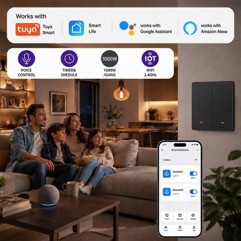 QOLTEC WŁĄCZNIK/WYŁĄCZNIK ŚWIATŁA | 2-KANAŁOWY | WI-FI | TIMER | TUYA | CZARNY