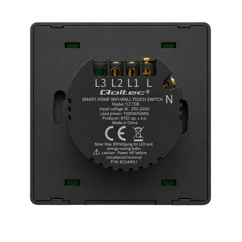 QOLTEC WŁĄCZNIK/WYŁĄCZNIK ŚWIATŁA | 2-KANAŁOWY | WI-FI | TIMER | TUYA | CZARNY