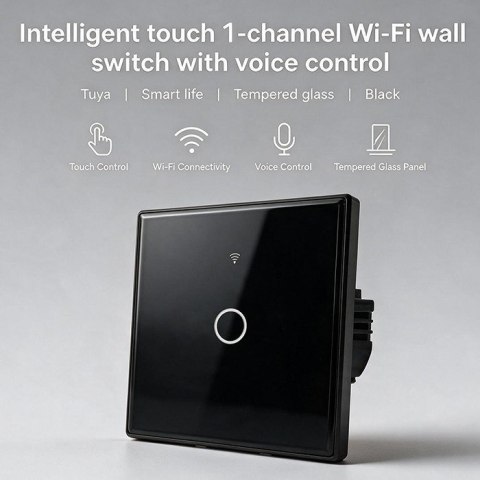 QOLTEC WŁĄCZNIK/WYŁĄCZNIK ŚWIATŁA | DOTYKOWY 1-KANAŁOWY | WI-FI | TIMER | TUYA | CZARNY