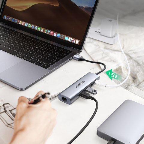 5w1 HUB Adapter USB-A 3.0 - RJ45 / 3x USB-A 3.0 / micro USB - szary