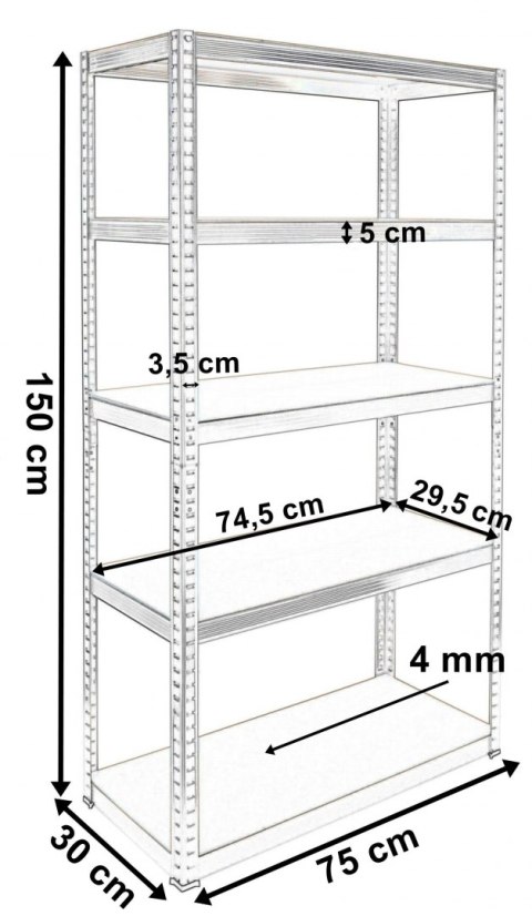 Regał magazynowy 5 poziomów 150x75x30 nośność 625 kg