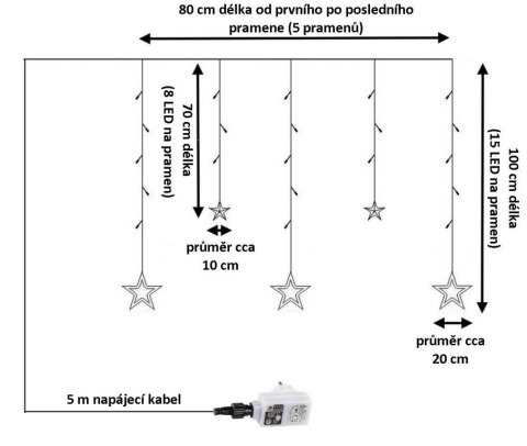 Świąteczna kurtyna 5 gwiazdek, 61 LED, zimna biel, pilot