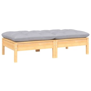 2-osobowa sofa ogrodowa z szarymi poduszkami, drewno sosnowe