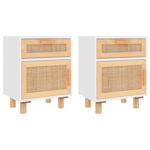 Szafki nocne, 2 szt., białe, lite drewno sosnowe i rattan