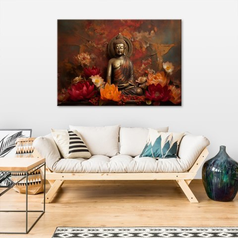Obraz na płótnie, Medytuący Budda i kolorowe kwiaty - 100x70