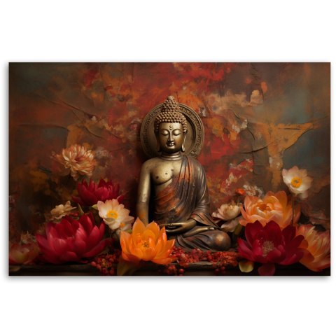 Obraz na płótnie, Medytuący Budda i kolorowe kwiaty - 90x60