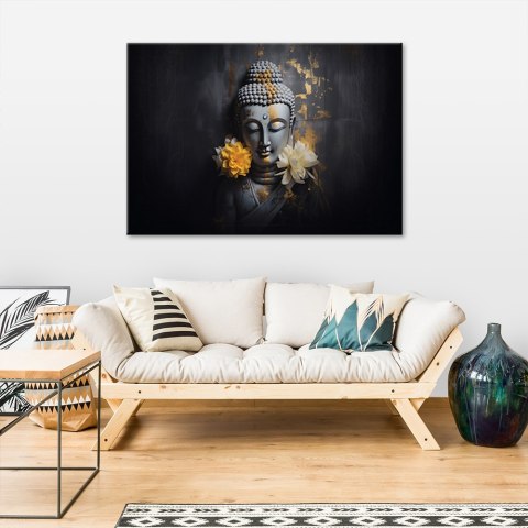 Obraz na płótnie, Szary budda i kwiaty - 100x70