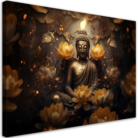 Obraz na płótnie, Złoty Budda i kwiaty lotosu - 90x60