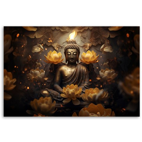 Obraz na płótnie, Złoty Budda i kwiaty lotosu - 90x60
