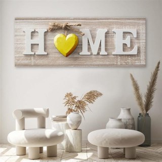 Obraz na płótnie, Napis Home z żółtym sercem na jasnym drewnie - 120x40