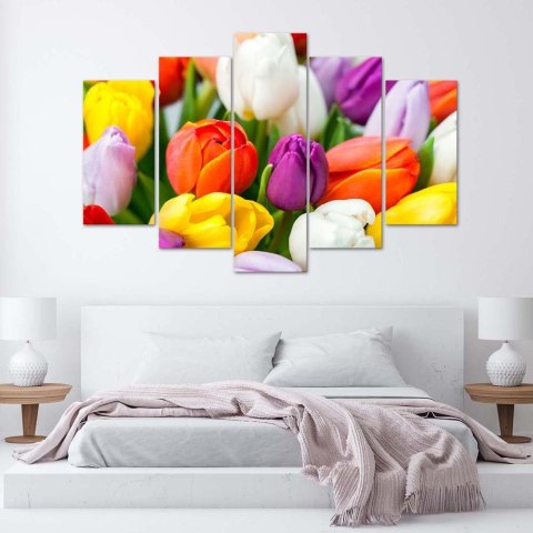 Obraz pięcioczęściowy na płótnie, Kolorowe tulipany - 200x100