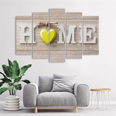 Obraz 5 częściowy na płótnie, Napis Home z żółtym sercem na jasnych deskach - 200x100