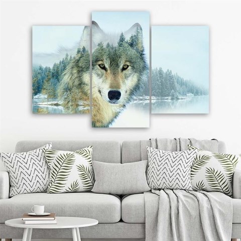 Obraz 3 częściowy na płótnie, Biały wilk na tle gór - 90x60