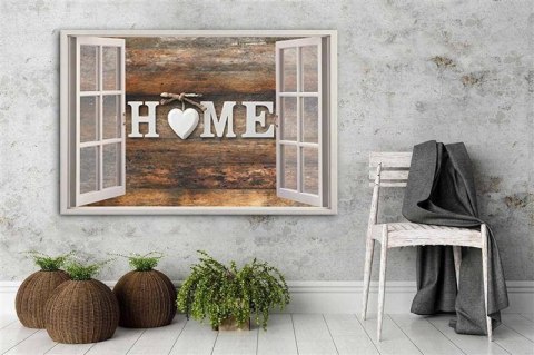 Obraz na płótnie, Widok z okna Napis Home na drewnie - 100x70