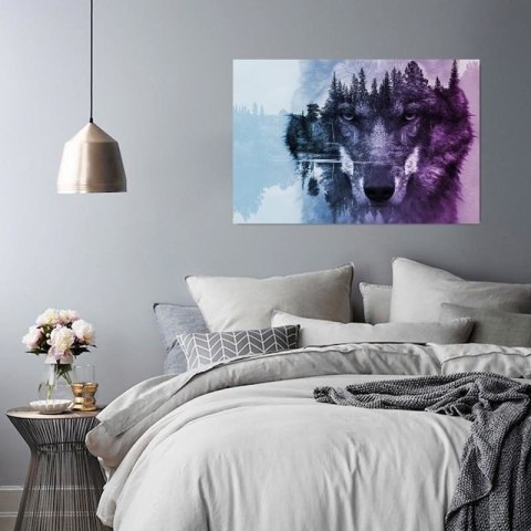 Obraz na płótnie, Wilk na tle lasu fioletowy - 60x40
