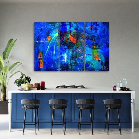 Obraz trzyczęściowy na płótnie, Niebieska abstrakcja ręcznie malowana - 90x60