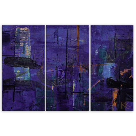 Obraz tryptyk na płótnie, Fioletowa abstrakcja ręcznie malowana - 90x60