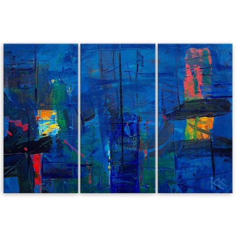 Obraz trzyczęściowy na płótnie, Niebieska abstrakcja ręcznie malowana - 120x80