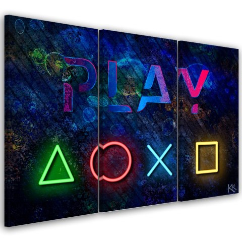Obraz tryptyk na płótnie, Przyciski do kontrolera i napis play - 90x60