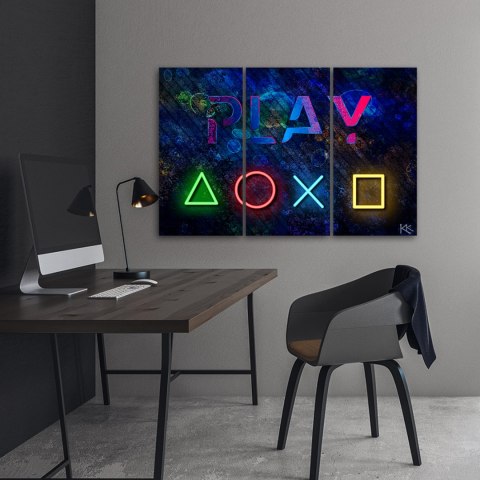 Obraz tryptyk na płótnie, Przyciski do kontrolera i napis play - 90x60