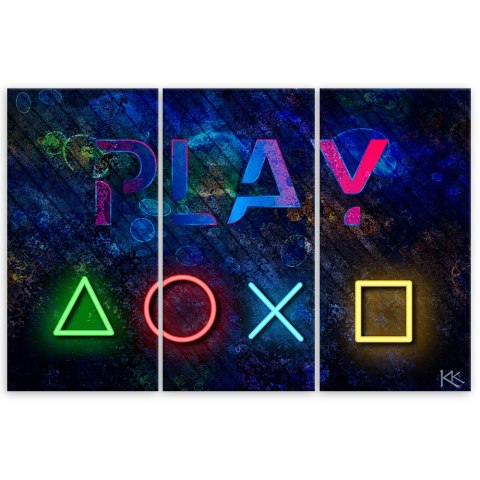 Obraz tryptyk na płótnie, Przyciski do kontrolera i napis play - 90x60