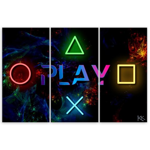 Obraz trzyczęściowy na płótnie, Napis play i przyciski do kontrolera - 120x80