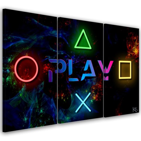 Obraz trzyczęściowy na płótnie, Napis play i przyciski do kontrolera - 150x100